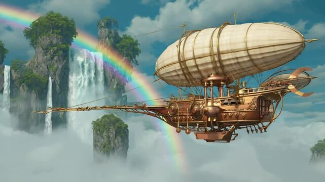 Steampunk airship over floating islands