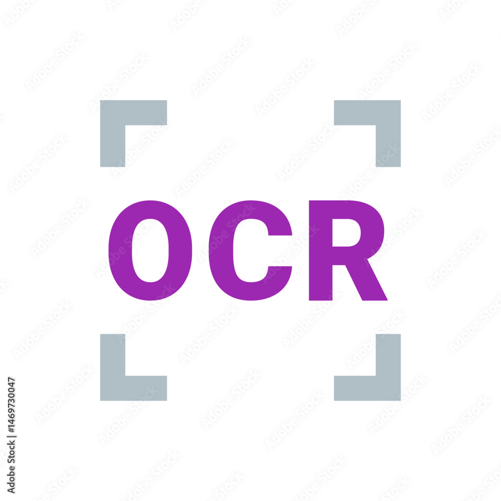 Poster purple ocr text centered with gray corner brackets on a white background optical character recogniti