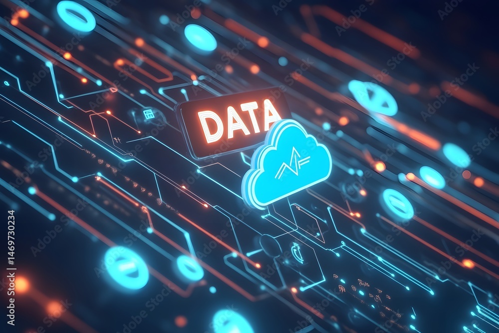 Poster modern digital illustration depicting cloud data storage and network technology infrastructure