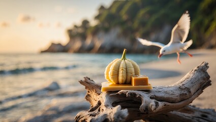 Display of carved pumpkin and soap on driftwood by ocean coast