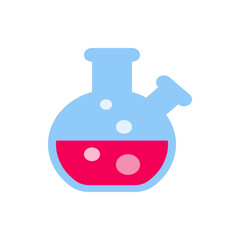 Illustration of a light blue round bottom flask with red liquid and bubbles on a white background