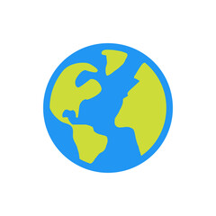 Illustration of a stylized earth globe with blue oceans and green continents in a circular shape view