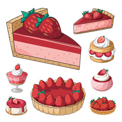 Assorted strawberry desserts in doodle vector style on white background