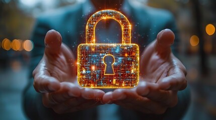 A digital padlock held in protective hands, glowing brightly.