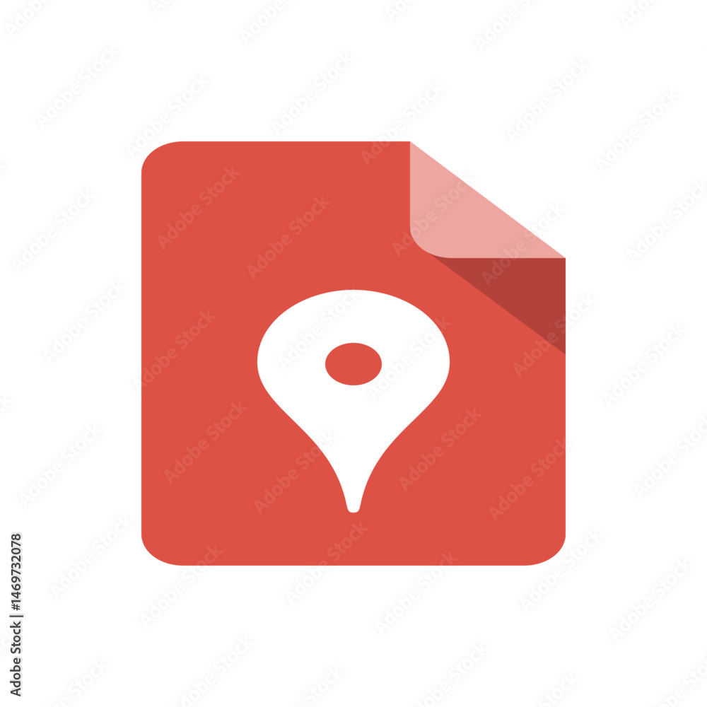 Aufkleber red document icon with a curled corner and a white location pin symbol in the center of the document