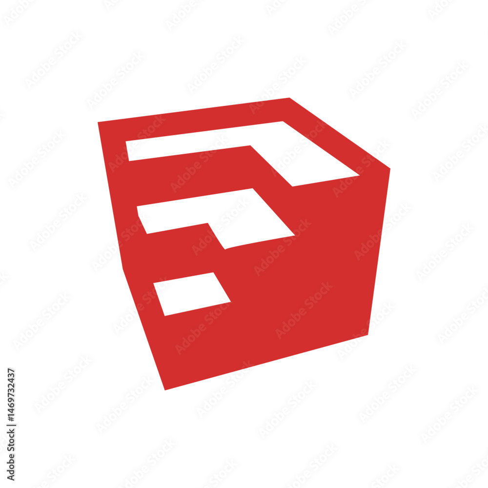 Poster red cube featuring three white horizontal shapes stacked vertically on a white background in a simpl