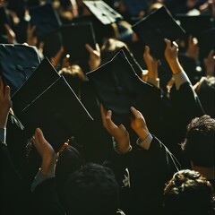 A group of joyful students celebrating their graduation success by tossing black caps in the air on a sunny college campus. Close-up shot with warm sunlight and blurred background, capturing an emotio