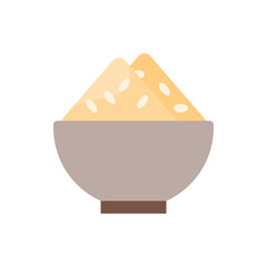 A bowl filled with yellow rice and white grains stacked high on a brown base against a white background
