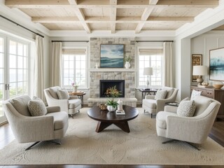 Coastal Family Room - Small Space, Neutral Wood Beams