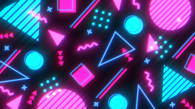 メンフィス風の図形や模様が並ぶレトロな平面構成 - ピンクネオンカラー