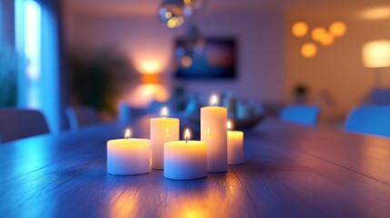 Soft, warm light of candles on a table, peaceful ambiance
