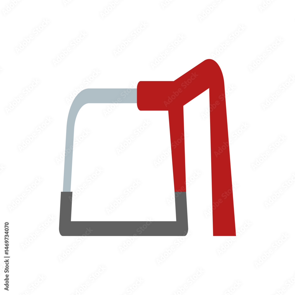 Poster illustration of a hacksaw with a red handle and a gray frame on a white background in a simple style