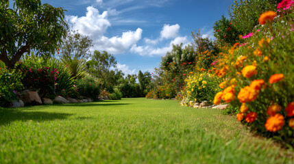 Obraz premium Vibrant Summer Garden Landscape Lush Green Grass and Colorful Flowers