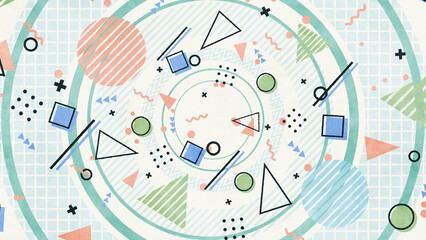 大きな円の上にメンフィス風の図形や模様が並ぶレトロな平面構成 - ホワイト