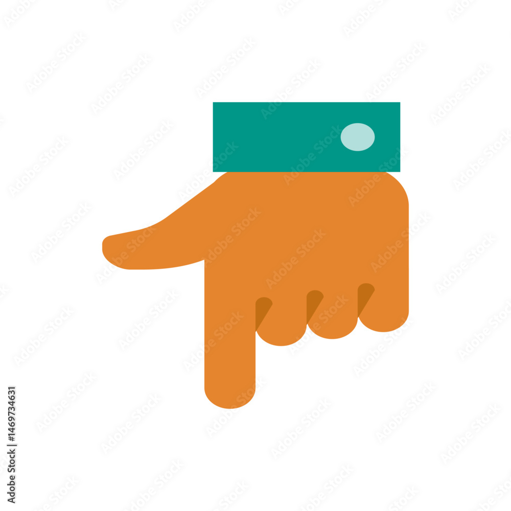 Poster illustration of an orange hand with the index finger pointing down and a teal cuff with a white butt