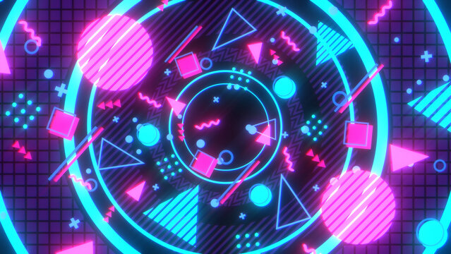 大きな円の上にメンフィス風の図形や模様が並ぶレトロな平面構成 - ピンクネオンカラー