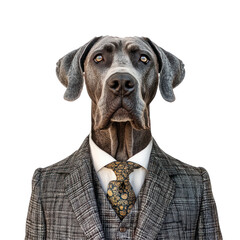 Elegant Canine in Formal Attire: A majestic Great Dane, exuding sophistication, models a finely tailored suit and tie, creating a whimsical yet refined image of professional poise.
