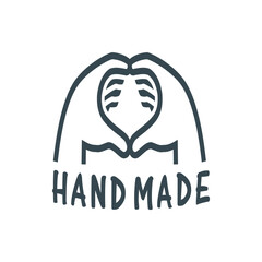 Illustration of two hands forming a heart shape above the word handmade in a simple, bold line drawing style