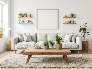 Cozy Living Room with Light Gray Sofa and Rustic Decor