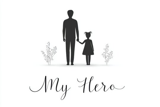 A simple silhouette of a father and child holding hands with &acirc;&euro;&oelig;My Hero&acirc;&euro; below in cursive text