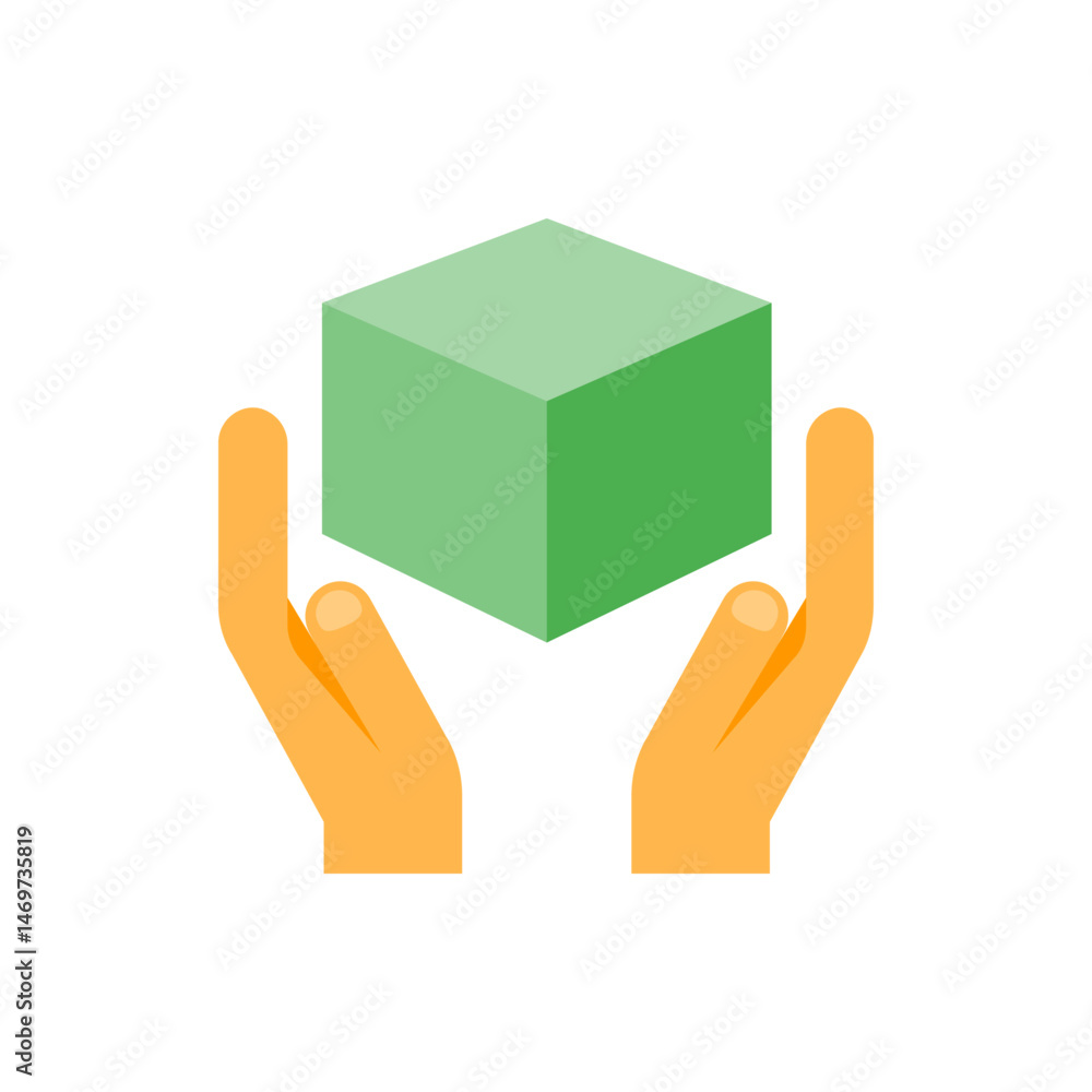 Poster illustration of two hands holding a green cube with a gradient on a white background design element