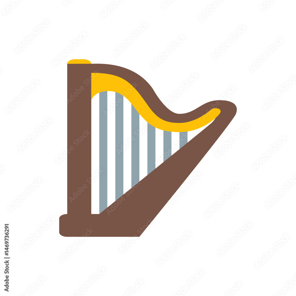 Poster illustration of a brown and yellow harp with vertical gray strings on a plain white background desig