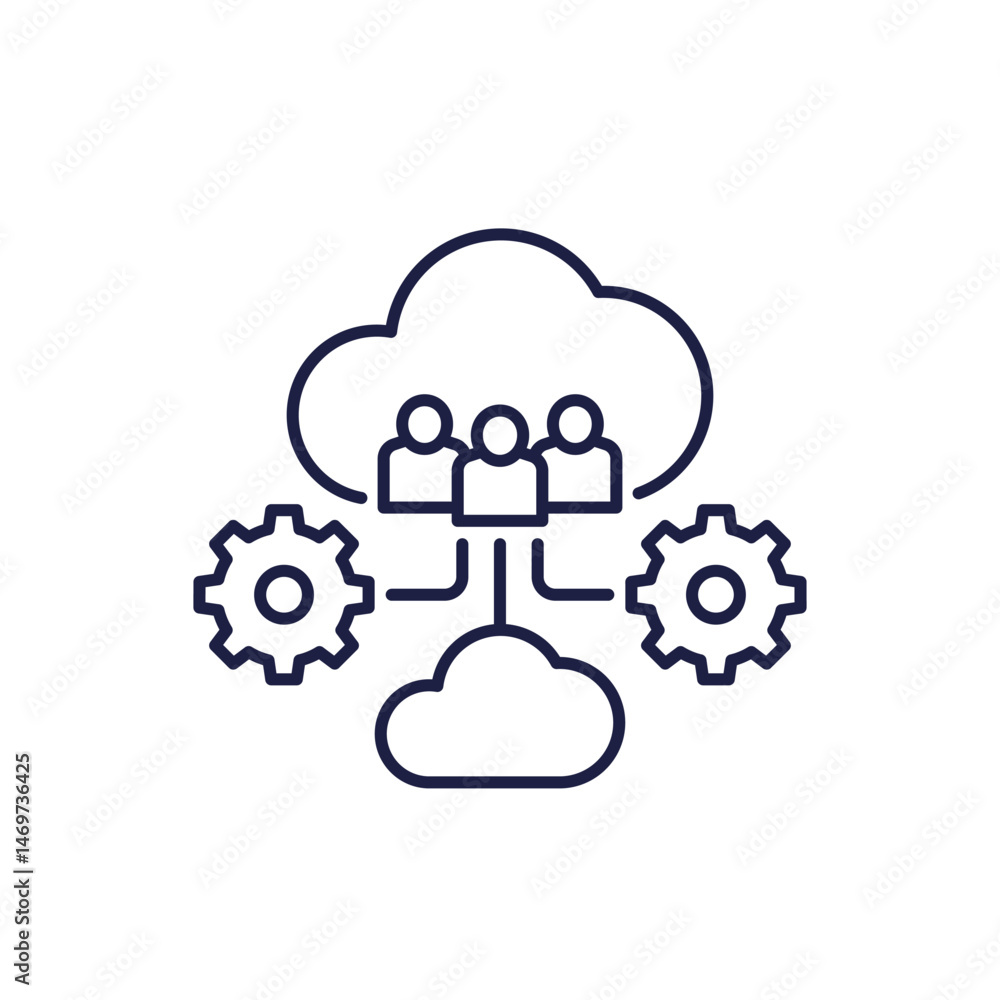 Poster cloud computing, users of saas line icon