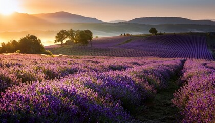 Obraz premium lavender field at sunrise with rolling hills in the background