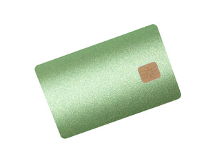 Bank card with chip, featuring a modern, pearlescent green design. Symbolizing secure, electronic