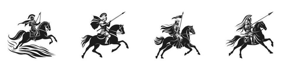 Fototapeta premium Ancient Warriors On Horseback Silhouette Set. Historical Cavalry And Combat Themes Isolated Vector Illustration Collection