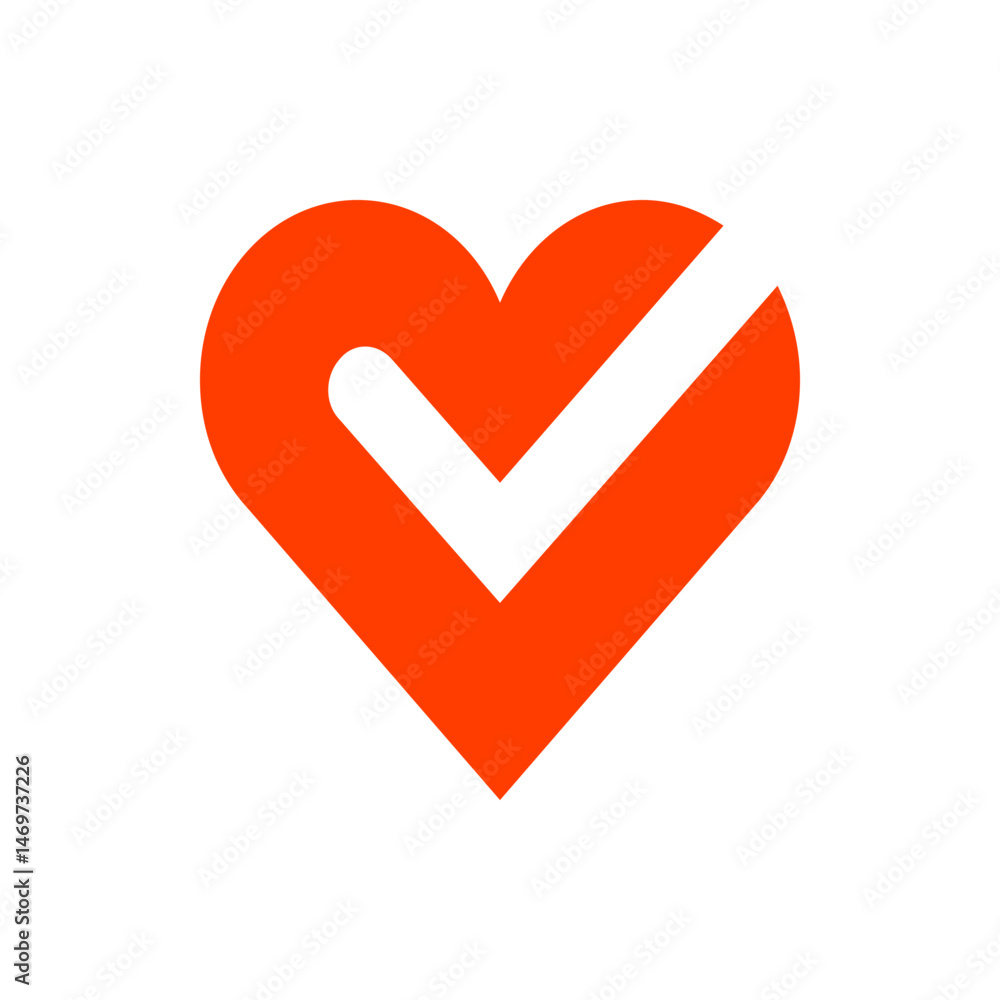 Poster orange heart with a white check mark inside symbolizing approval or validation in a simple graphic d