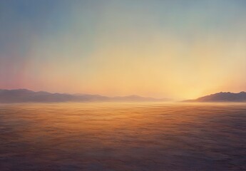 Obraz premium Desert landscape with a sun setting in the background. The sky is a mix of blue and orange