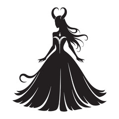 Chic gothic dress silhouette with dramatic flared skirt – Gothic dress vector – Gothic dress illustration – ladies dress silhouette – silhouette of gothic dress

