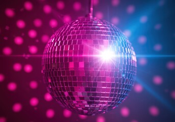 Disco ball reflects pink and blue lights in a club, creating a vibrant and energetic atmosphere for dancing and entertainment. Nightlife and party concept.