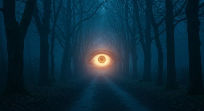 Mysterious forest path, glowing eye