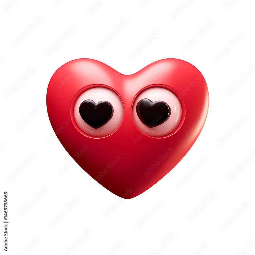 Poster 3d render of a red heart with heart shaped eyes on transparent background