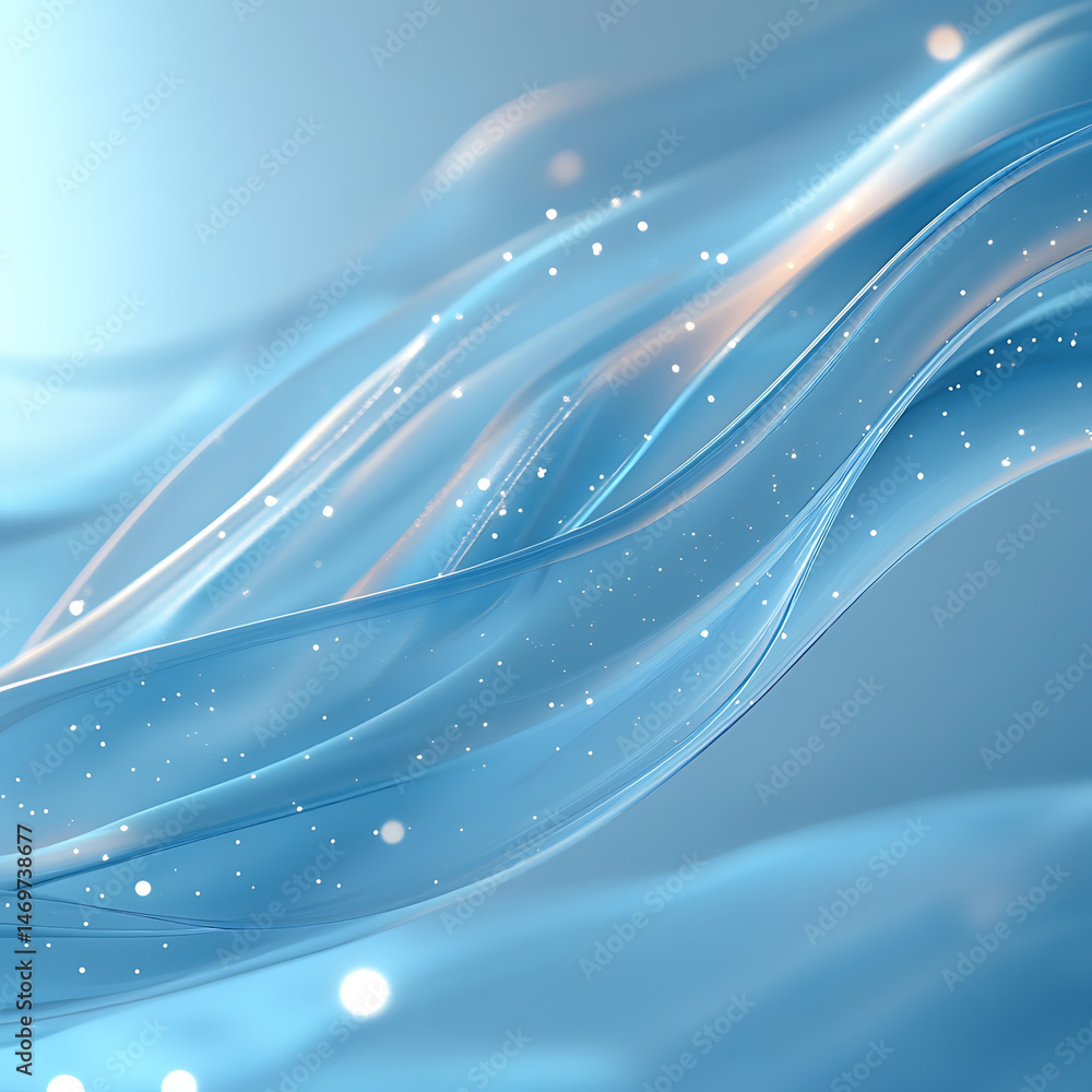Poster serene and fluid abstract design featuring flowing waves in light blue tones, enhanced by soft glowi