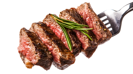 Tender Slices Beef Steak on Fork White Background - Culinary Concept Photography