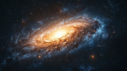 Spiral galaxy swirling through cosmic expanse.  