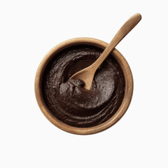 Top View of Dark Chocolate Paste in Wooden Bowl with Spoon