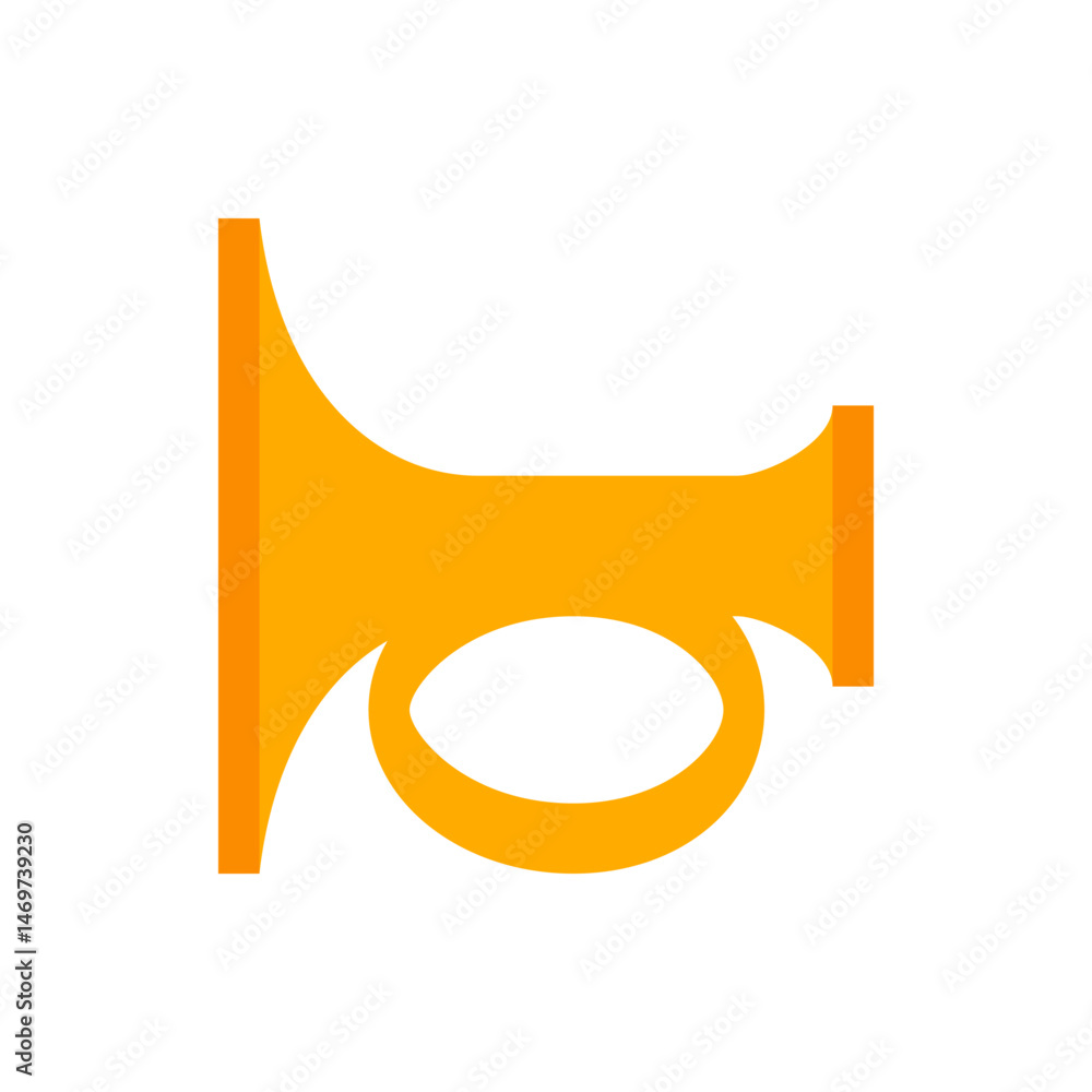 Poster illustration of a golden yellow bugle with a simple design on a white background in a horizontal lay