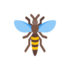 Illustration of a cartoon bee with brown body, yellow stripes, blue wings, and brown legs on a white background