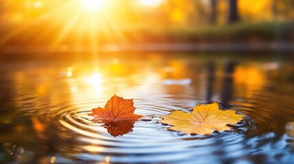 Vibrant autumn leaves floating serenely in a calm pond, golden sunlight reflections and ripples, tranquil atmosphere