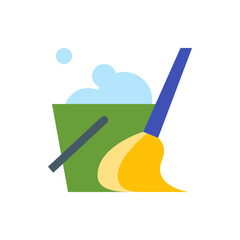 Illustration of a green bucket with bubbles and a blue mop with yellow fringe leaning against it art