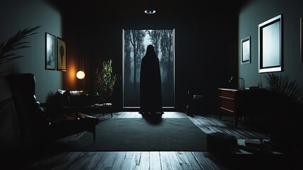 A mysterious figure in a darkened room.