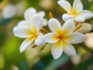 Fototapeta premium Delicate White and Yellow Plumeria Blossoms