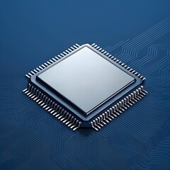 Modern microchip on the background of a printed circuit board. Technological concept of high technology, microelectronics and digital computing. Development of the IT industry and artificial intellige