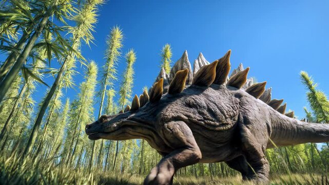 Armored stegosaurus strides through sunlit forest clearing, spikes and plates highlighted by dappled light. Gentle stegosaurus presence evokes primeval serenity and ancient world exploration
