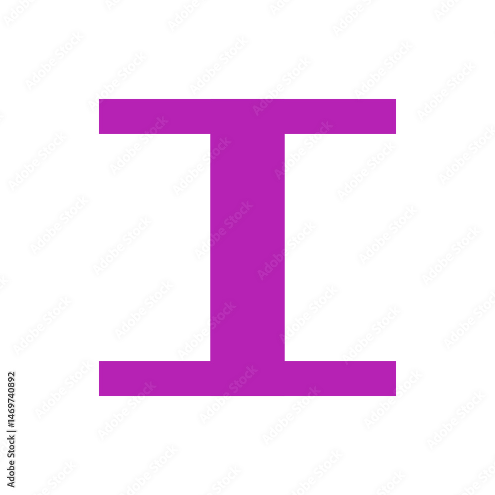 Poster illustration of a single magenta letter i centered on a white background with simple blocky rectangu