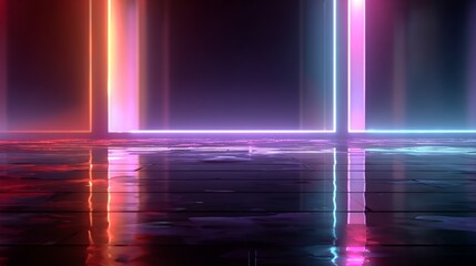 Abstract futuristic background. Night scene with neon, light reflection on floor.